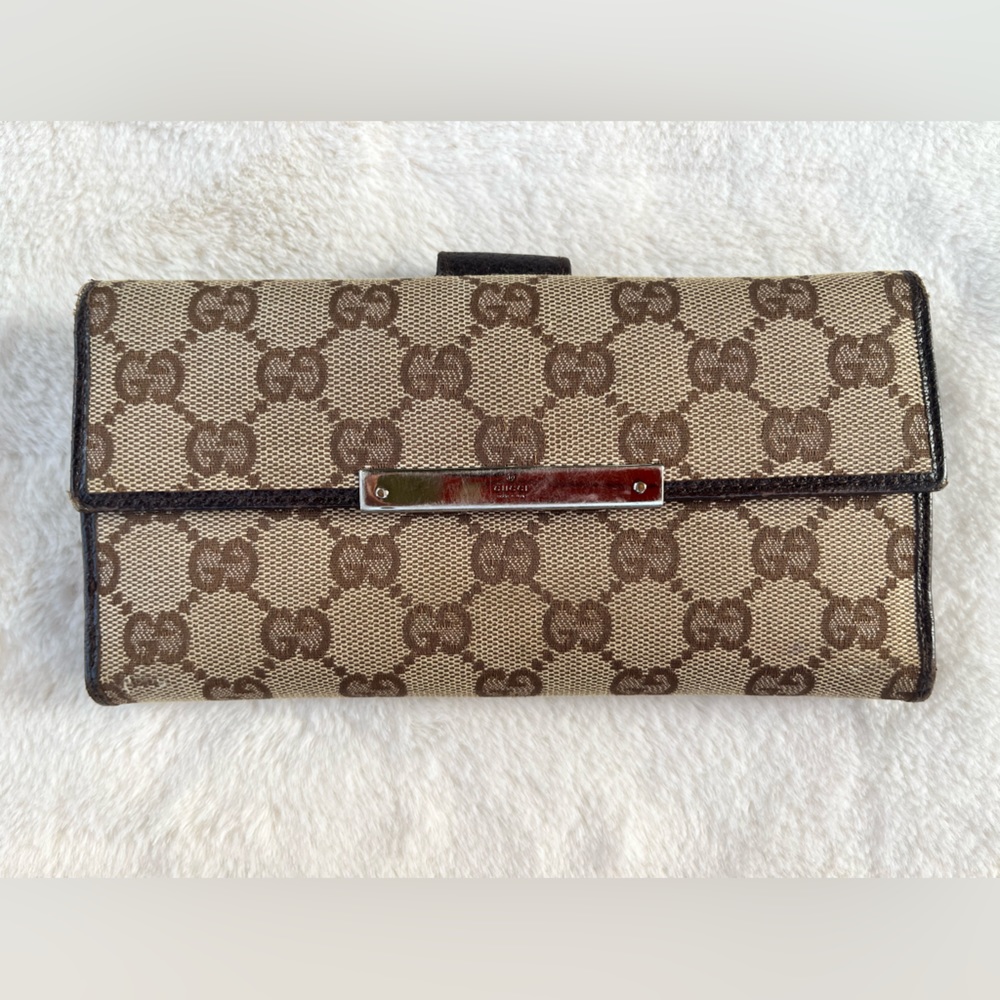 Authentic GUCCI Long Wallet GG Canvas Leather Brown